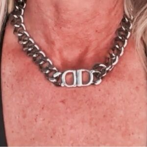 Chunky Silver-Tone Chain Necklace with Christian Dior Centerpiece